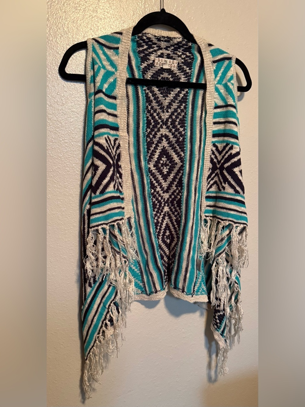 Pink Republic Aztec Fringe Open Front Cardigan Vest Sweater Small - Picture 3 of 6